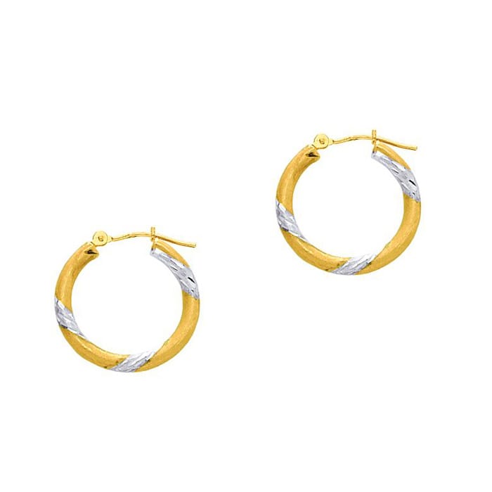 14 Karat Yellow and White Gold Polish Finished 20mm Diamond Cut Hoop Earrings With Hinge With Notched Closure