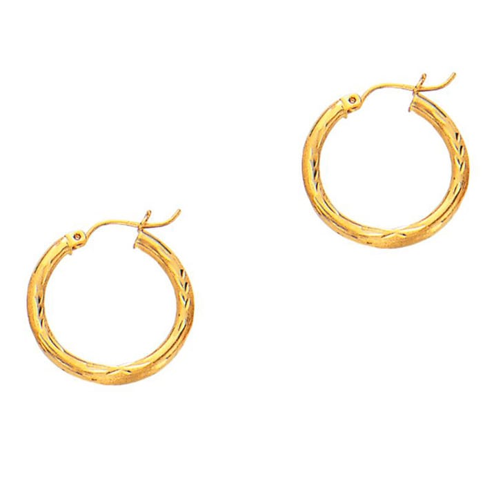 14 Karat Yellow Gold Polish Finished 20mm Diamond Cut Hoop Earrings With Hinge With Notched Closure