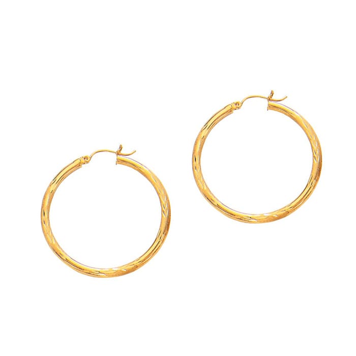 14 Karat Yellow Gold Polish Finished 35mm Diamond Cut Hoop Earrings With Hinge With Notched Closure