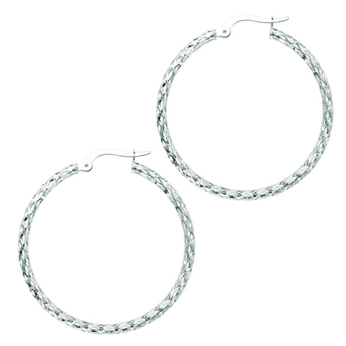 14 Karat White Gold Polish Finished 27mm Etched Hoop Earrings With Hinge With Notched Closure