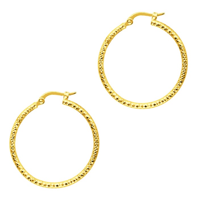 14 Karat Yellow Gold Polish Finished 25mm Etched Hoop Earrings With Hinge With Notched Closure