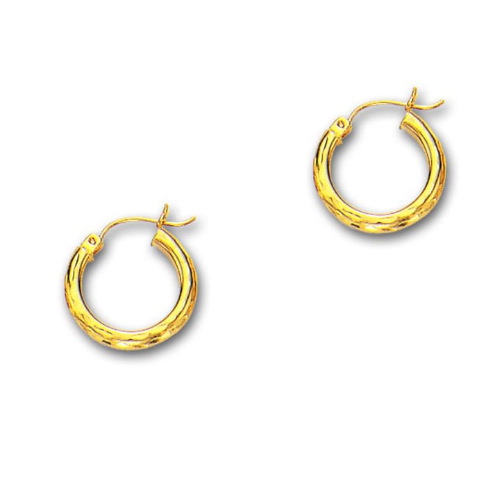 14 Karat Yellow Gold Polish Finished 20mm Etched Hoop Earrings With Hinge With Notched Closure