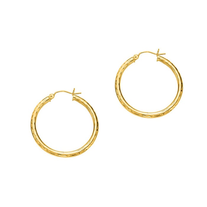 14 Karat Yellow Gold Polish Finished 30mm Etched Hoop Earrings With Hinge With Notched Closure