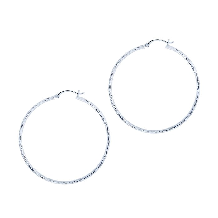 14 Karat White Gold Polish Finished 45mm Etched Hoop Earrings With Hinge With Notched Closure