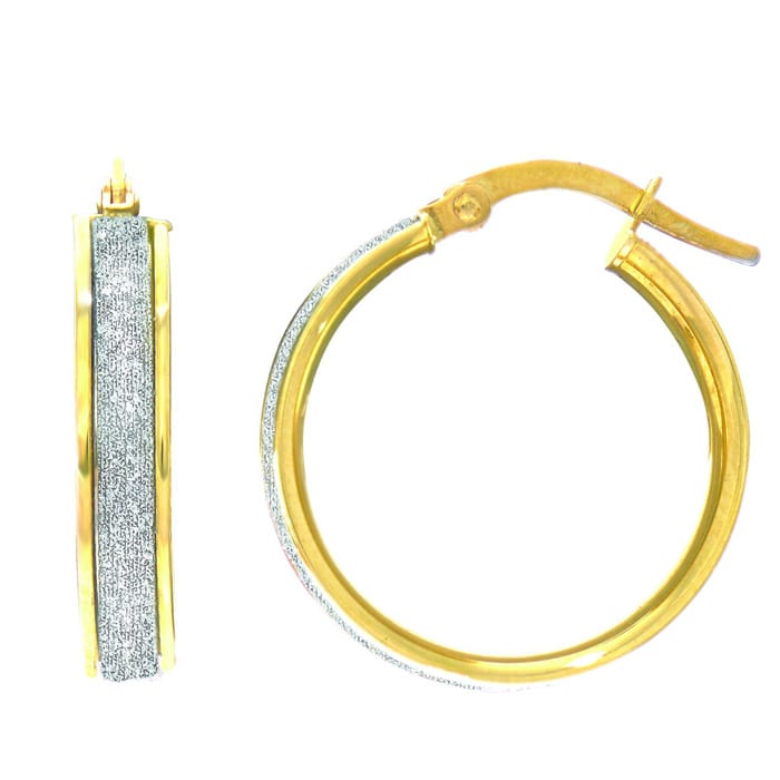 14 Karat Yellow Gold Polish Finished 16mm Laser Finished Glitter Hoop Earrings With Hinge With Notched Closure
