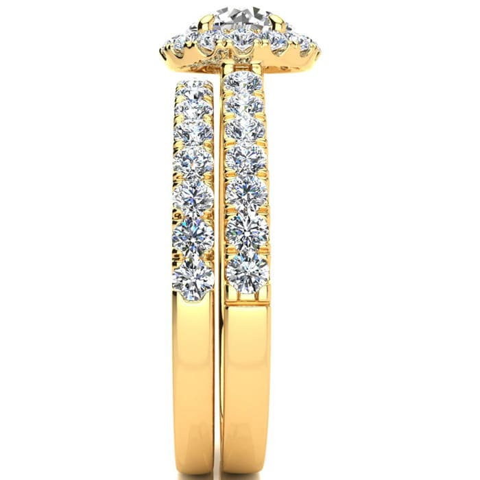 1 1/2 Carat Pave Halo Diamond Bridal Set in 14k Yellow Gold