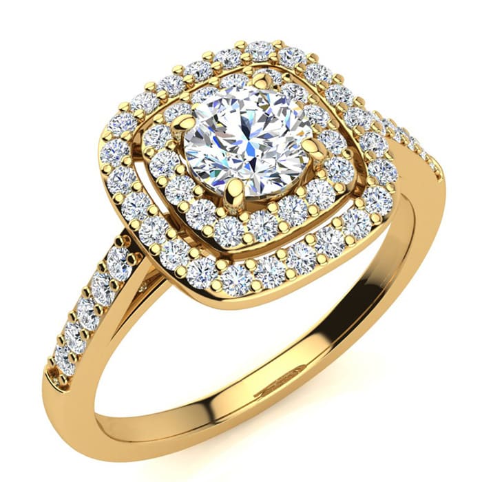 1 Carat Double Halo Diamond Engagement Ring in 14 Karat Yellow Gold 