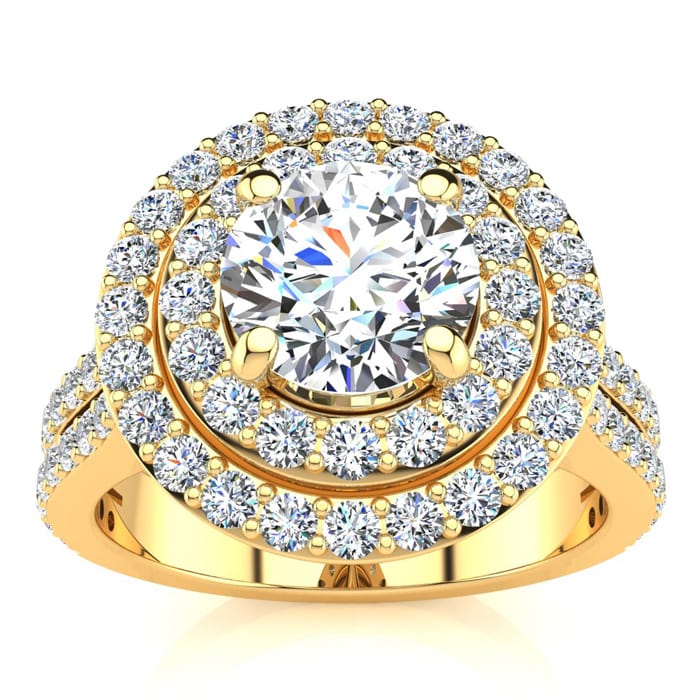 2 Carat Double Halo Round Diamond Engagement Ring in 14 Karat Yellow Gold