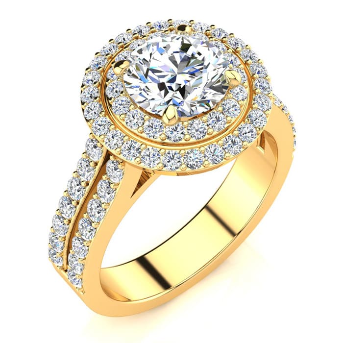 2 1/2 Carat Double Halo Round Diamond Engagement Ring in 14 Karat Yellow Gold