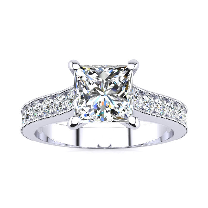 1 1/2 Carat Diamond Engagement Ring With 1 Carat Princess Cut Center Diamond In 14K White Gold