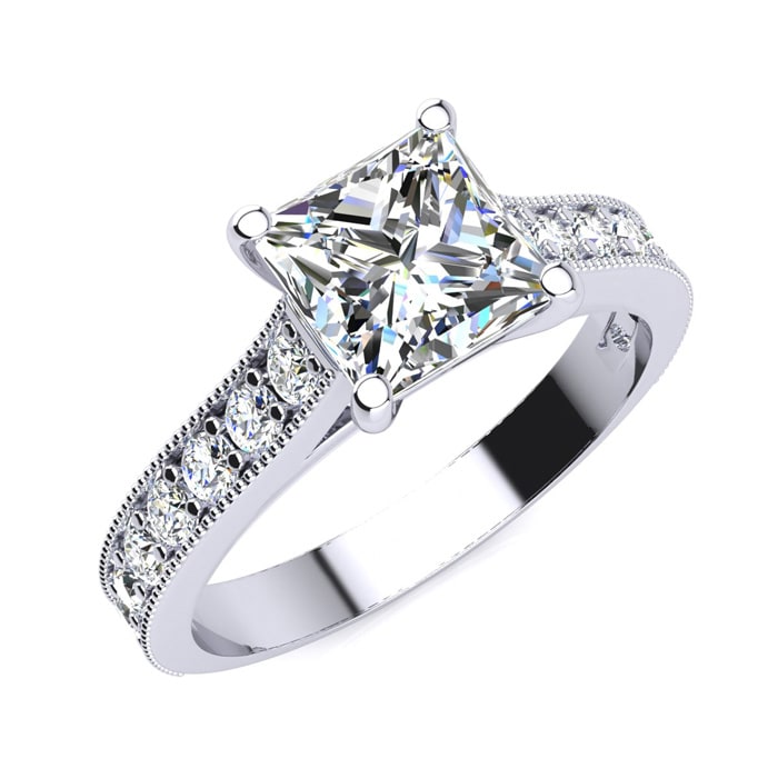 2 1/2 Carat Diamond Engagement Ring With 2 Carat Princess Cut Center Diamond In 14K White Gold