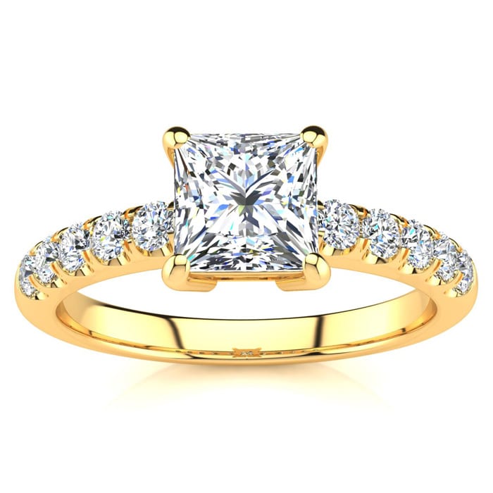 1 1/3 Carat Traditional Diamond Engagement Ring with 1 Carat Center Princess Cut Solitaire In 14 Karat Yellow Gold 