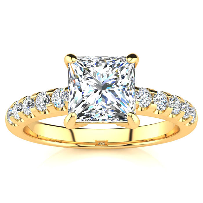 1 3/4 Carat Traditional Diamond Engagement Ring with 1 1/2 Carat Center Princess Cut Solitaire In 14 Karat Yellow Gold 