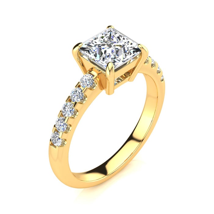 1 3/4 Carat Traditional Diamond Engagement Ring with 1 1/2 Carat Center Princess Cut Solitaire In 14 Karat Yellow Gold 