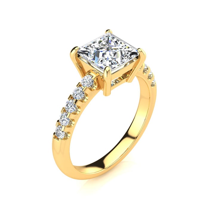 2 1/2 Carat Traditional Diamond Engagement Ring with 2.15 Carat Center Princess Cut Solitaire In 14 Karat Yellow Gold 