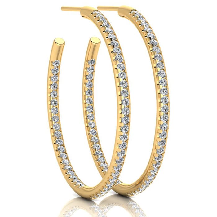 14K Yellow Gold 1 Carat Diamond Three Quarter Hoop Earrings