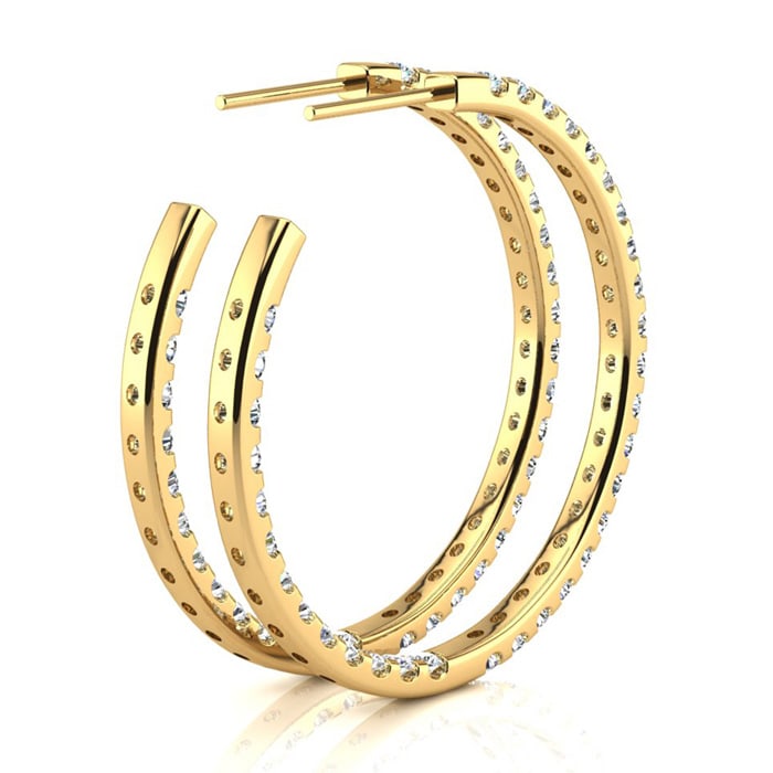 14K Yellow Gold 3 Carat Diamond Three Quarter Hoop Earrings