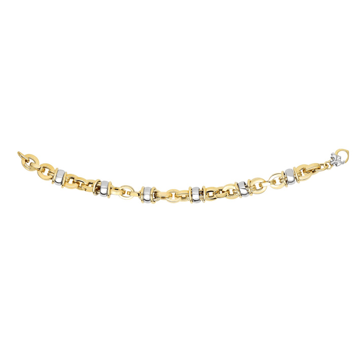 14 Karat Yellow & White Gold 9.7mm 7.50 Inch Two-Tone Barrel Fancy Link Chain Bracelet