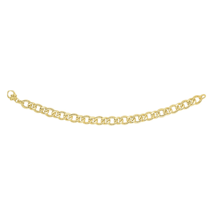 14 Karat Yellow Gold 8.8mm 7.25 Inch Textured & Shiny Oval Link Bracelet