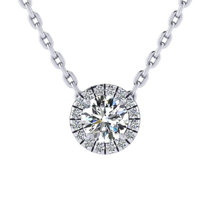 7/8ct Halo Diamond Necklace In 14K White Gold