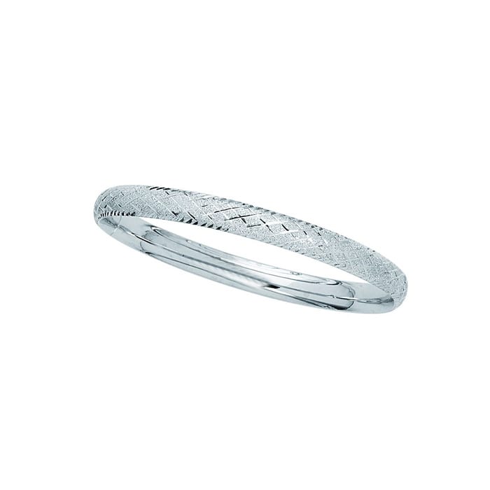 14 Karat White Gold 6.0mm 7 Inch Shiny Textured Sparkle Bangle with Diamond Shape Pattern