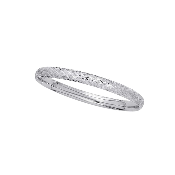 14 Karat White Gold 5.5mm 5.50 Inch Children's Shiny Diamond Cut Bangle with Diamond Pattern