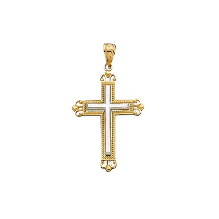 14 Karat Yellow & White Gold 38x22.9 Shiny White Cross Inside Fancy Yellow Cross