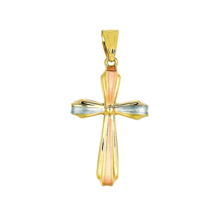 14 Karat Yellow, White & Rose Gold 32x16.4mm Shiny Textured Fancy Cross Pendant
