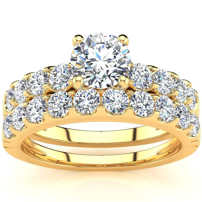 2 Carat Round Center Engagement Ring and Wedding Band Set In 14K Yellow Gold