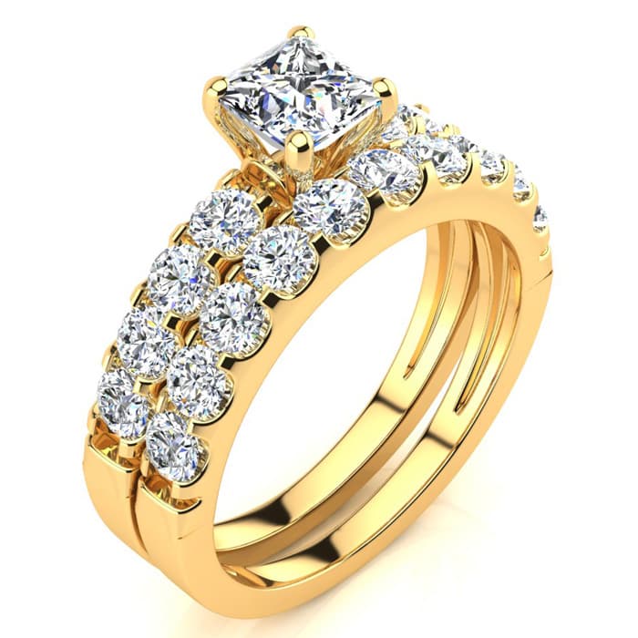 2 Carat Princess Center Engagement Ring and Wedding Band Set In 14K Yellow Gold