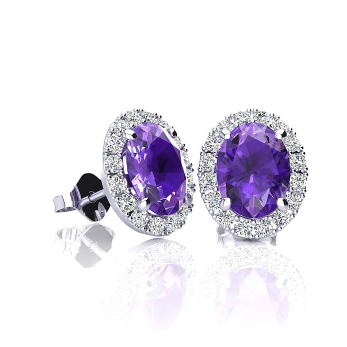 1 Carat Oval Shape Amethyst and Halo Diamond Stud Earrings In 14 Karat White Gold