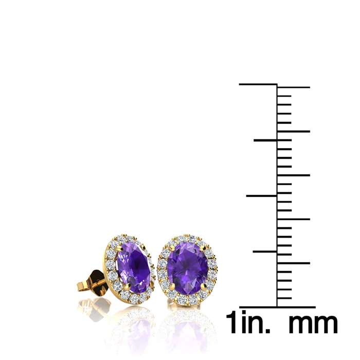 1 Carat Oval Shape Amethyst and Halo Diamond Stud Earrings In 14 Karat Yellow Gold