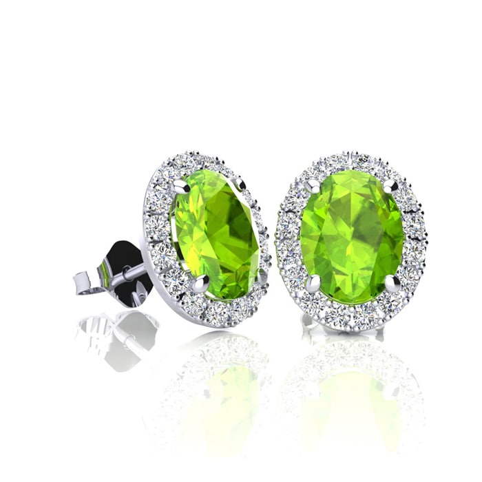 1 Carat Oval Shape Peridot and Halo Diamond Stud Earrings In 14 Karat White Gold