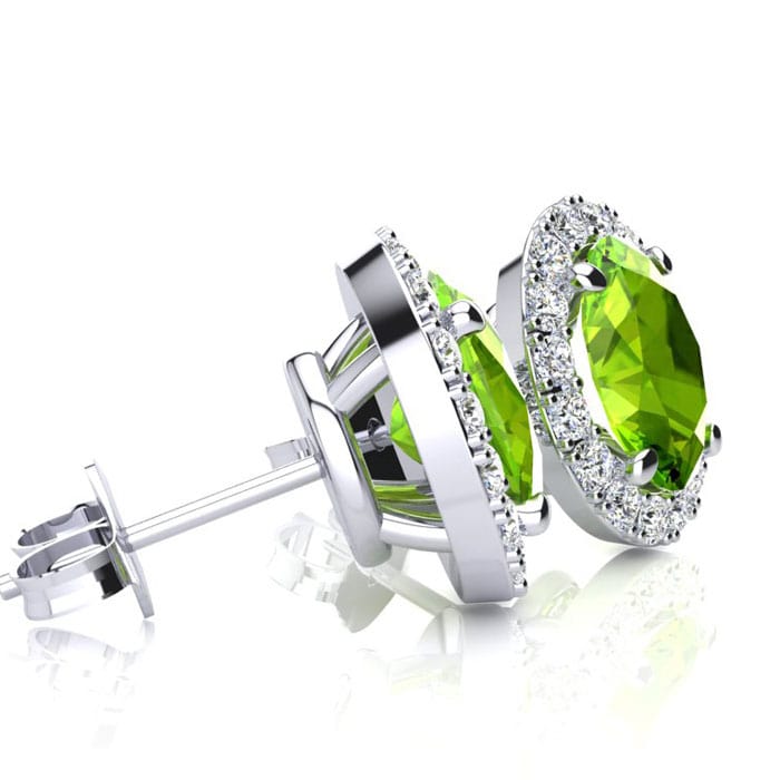 1 Carat Oval Shape Peridot and Halo Diamond Stud Earrings In 14 Karat White Gold