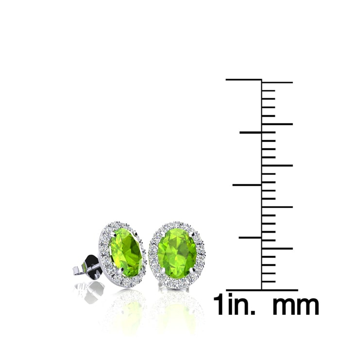 1 Carat Oval Shape Peridot and Halo Diamond Stud Earrings In 14 Karat White Gold
