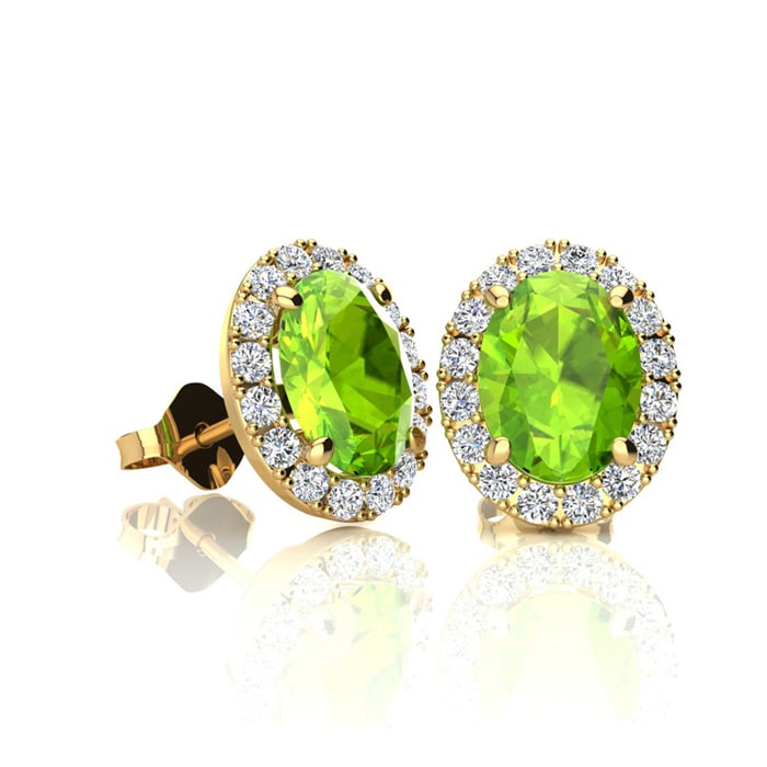 1 Carat Oval Shape Peridot and Halo Diamond Stud Earrings In 14 Karat Yellow Gold