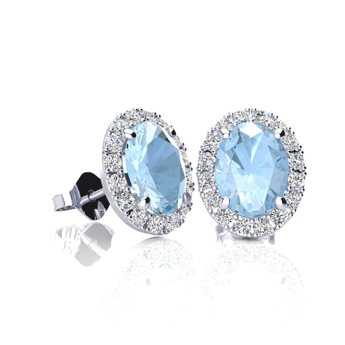 Aquamarine Earrings: Aquamarine Jewelry: 1 Carat Oval Shape Aquamarine and Halo Diamond Stud Earrings In 14 Karat White Gold