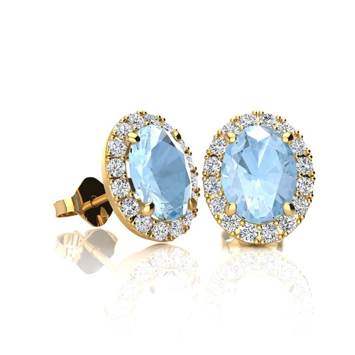 Aquamarine Earrings: Aquamarine Jewelry: 1 Carat Oval Shape Aquamarine and Halo Diamond Stud Earrings In 14 Karat Yellow Gold