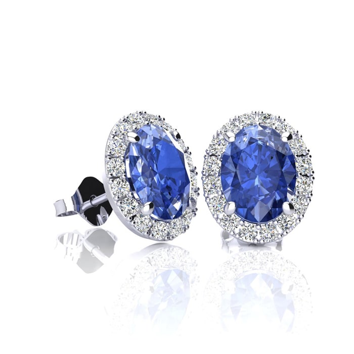 1 1/4 Carat Oval Shape Tanzanite and Halo Diamond Stud Earrings In 14 Karat White Gold