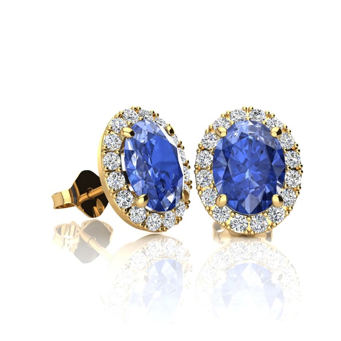 1 1/4 Carat Oval Shape Tanzanite and Halo Diamond Stud Earrings In 14 Karat Yellow Gold