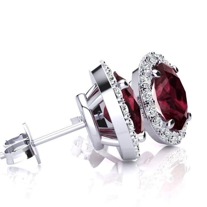 Garnet Earrings: Garnet Jewelry: 1 1/4 Carat Oval Shape Garnet and Halo Diamond Stud Earrings In 14 Karat White Gold