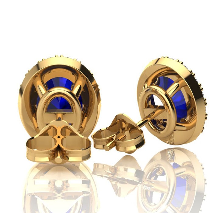 1 1/3 Carat Oval Shape Sapphire and Halo Diamond Stud Earrings In 14 Karat Yellow Gold