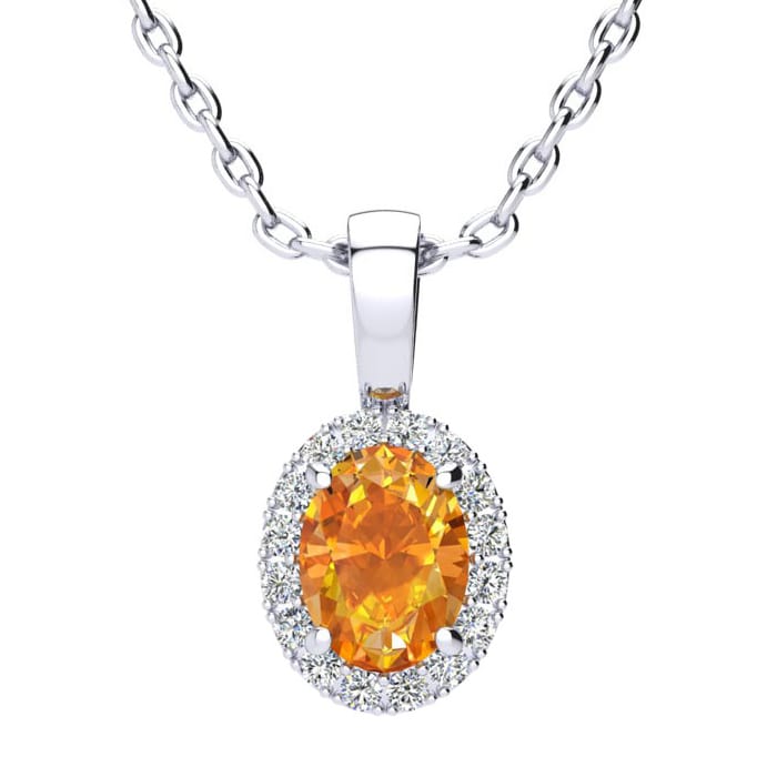 3/4 Carat Oval Shape Citrine and Halo Diamond Necklace In 14 Karat White Gold With 18 Inch Chain