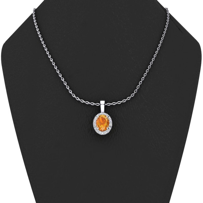 3/4 Carat Oval Shape Citrine and Halo Diamond Necklace In 14 Karat White Gold With 18 Inch Chain