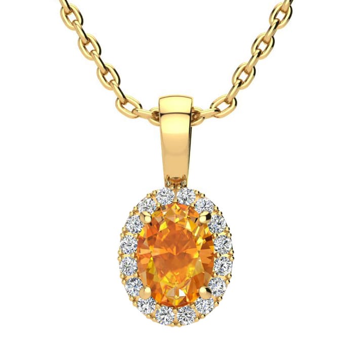 3/4 Carat Oval Shape Citrine and Halo Diamond Necklace In 14 Karat Yellow Gold With 18 Inch Chain
