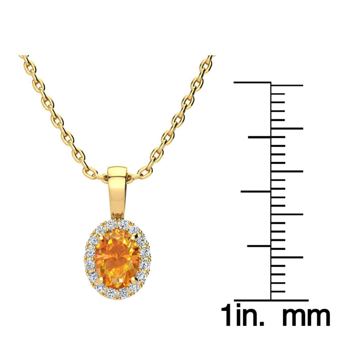 3/4 Carat Oval Shape Citrine and Halo Diamond Necklace In 14 Karat Yellow Gold With 18 Inch Chain