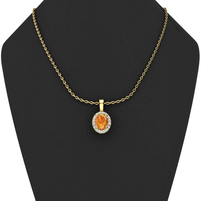 3/4 Carat Oval Shape Citrine and Halo Diamond Necklace In 14 Karat Yellow Gold With 18 Inch Chain
