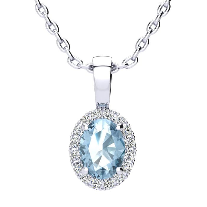 1 Carat Oval Shape Blue Topaz and Halo Diamond Necklace In 14 Karat White Gold With 18 Inch Chain