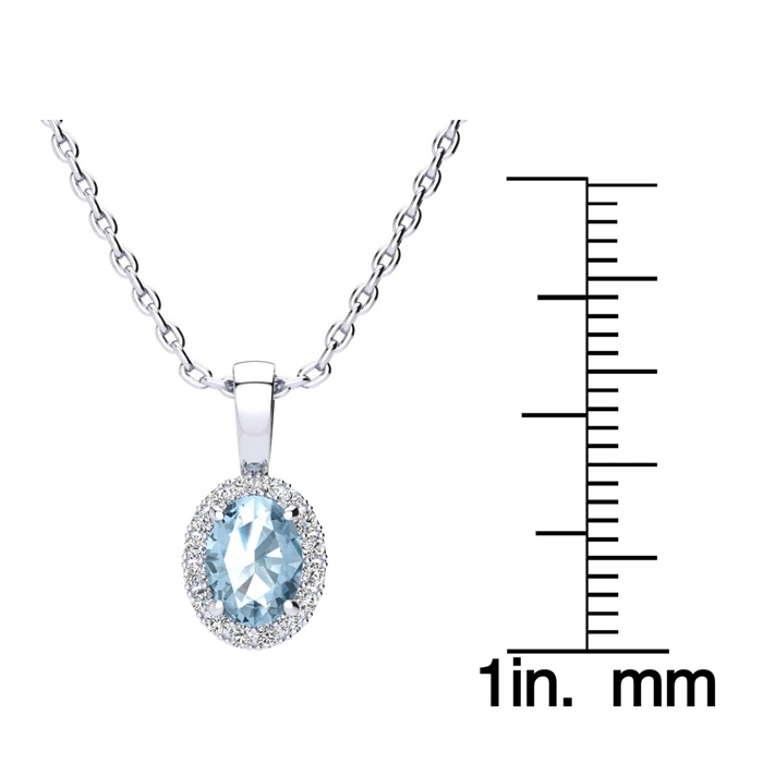 1 Carat Oval Shape Blue Topaz and Halo Diamond Necklace In 14 Karat White Gold With 18 Inch Chain