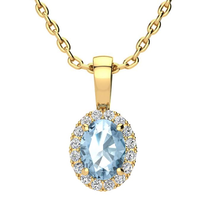 1 Carat Oval Shape Blue Topaz and Halo Diamond Necklace In 14 Karat Yellow Gold With 18 Inch Chain